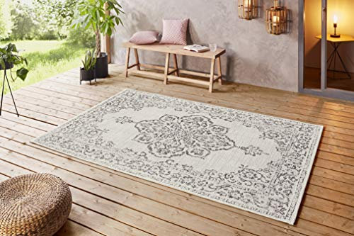 NORTHRUGS In- und Outdoor Teppich 80x150cm - Wetterfest Orientalisch Vintage-Design mit Medallion Läufer Terrassenteppich Balkonteppich Küchenläufer Badteppich Wohnzimmerteppich Wasserfest in Grau