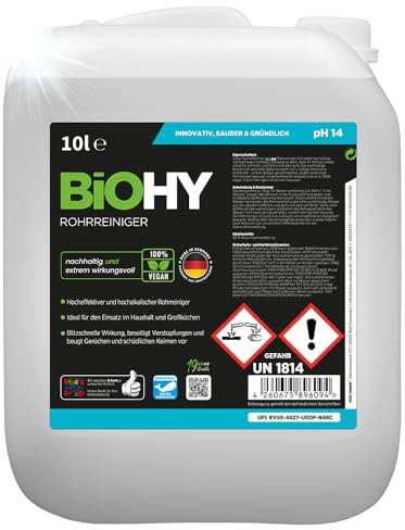 BiOHY Detergente per tubi (Lattina da 10 Litri) | Detergente per scarichi liquidi | per intasamenti in cucina, doccia e WC | rimuove efficacemente peli e odori | potente concentrato (Rohrreiniger)