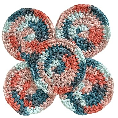Coral Blue Ombre Handmade Round Crochet Reusable Cotton Pads Craft Supply Coasters Set of 5 - Size 3 inches