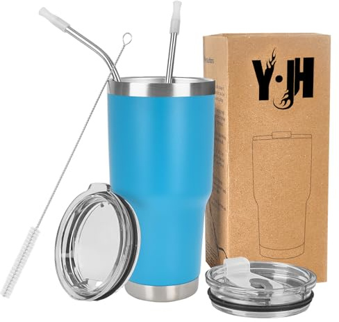 Y·J&H 30oz (850ml) Travel Tumbler Double Wall Vacuum Insulated Coffee Mug Stainless Steel Coffee Cup with 2 Splash Proof Lid, 2 Straws & Free Cleaning Brush, BPA Free - Sky Blue