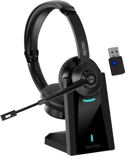 Delton 35X Bluetooth Computer Headset with Noise Cancelling Mic, Fast Charging Dock, Auto Pair USB Dongle for PC, Laptop, MacBook, Compatible with MS Teams, Google Meet, Zoom, Slack, and More - Black