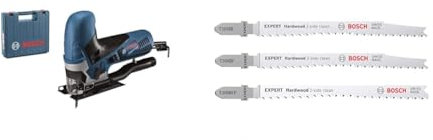 Bosch Professional Stichsäge GST 90 E (1x Sägeblatt, Absaug-Set, im Koffer) + 3x Stichsägeblatt Set Expert Hardwood 2-Side Clean (für Küchenarbeits-, Kunststoffbeschichtete Platten, 117 mm, Zubehör)