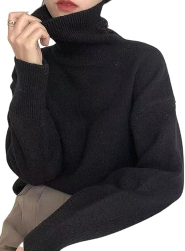 Ladies Roll Neck Jumper Faux Cashmere Elegant Turtle Neck Women Sweater Soft Knitted Basic Pullovers O Neck Loose Warm Female Knitwear Jumper (Black)