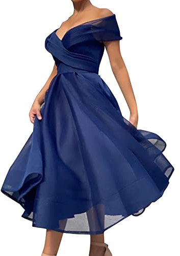 ATAAY Abito da Sera Donna con Spalle Scoperte, Lungo in Rete Elegante, Scollo a V con Volant, Cerimonia Nuziale A-Line, Cocktail, Blu, XL