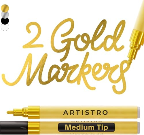 ARTISTRO 2 Gold Metallic Acrylic Paint Pens for Rock, Ceramic, Wood, Glass, Metal, Fabric, Plastic - 3mm Medium Tip Paint Markers - Ideal for Scrapbooking, DIY Crafts & Art Projects