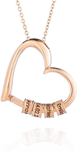 MYCLUSIV® Herzkette mit gravierten Perlen – Personalisierte Namenskette als Geschenk für Frauen & Mama – Damen Halskette aus Edelstahl mit Gravur (Roségold)