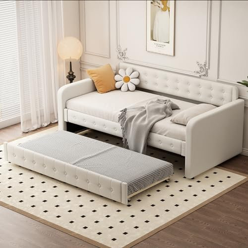 Sofabett, 90x200cm, Tagesbett, mit ausziehbares rollbett, großer Stauraum (Hellbeige)