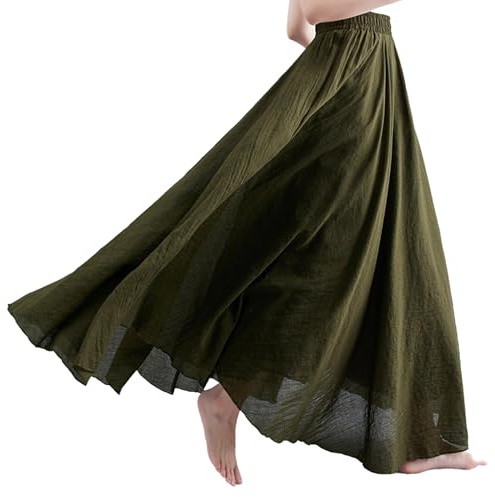 BEAUTYLAST Jupe bohème en coton et lin pour femme, taille élastique, longue, fluide et décontractée, pour l'été, la plage, les vacances (vert kaki, 95 cm de longueur)