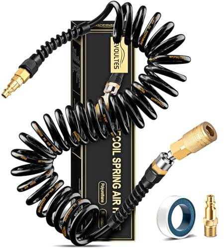 EVOULTES 1/4 In x 28 Ft Polyurethane Recoil Air Hose, Upgraded Air Compressor Hose with Repairable Bend Restrictor, Air Hose kit w/ 360° Swivel 1/4 NPT Coupler & Brass Quick Connect Air Fittings