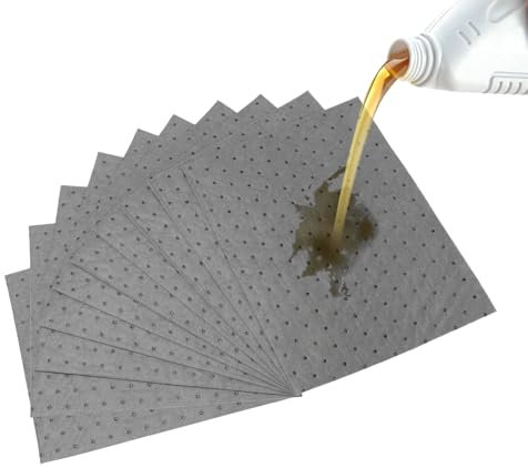 Oil Absorbent Pads 25x33cm, Grey Spill Mats for Oil & Water, Garage, Home, Boat, Basement Use, Heavy Duty, Disposable, Vacuum Packed (10)