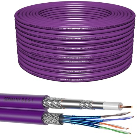 Germany B.e.s.t Cat7 LAN Netzwerkkabel + Sat Kabel Hybridkabel 50M 10 Gbit/s –& Koaxialkabel 4-fach Abschirmung – für Streaming, Online-Gaming, Kamerasysteme, Satellitenempfang – Flexibel, Robust