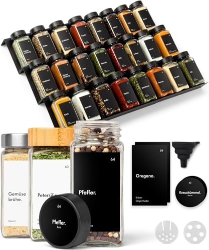 KIVY Gewürzregal mit Gläsern | inkl. 24 Gewürzgläser mit Etiketten - Verstellbar & passend für alle Schubladen - Gewürzgläser mit Regal - Gewürz Organizer Schublade