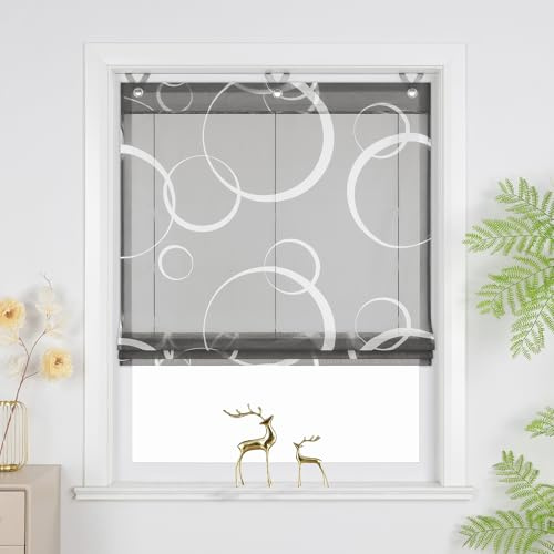 Joyswahl Raffrollo ohne Bohren Lichtdurchlässig Raffgardinen mit Hakenaufhängung Wohnzimmer Fenster Vorhänge Ösenrollo für Fenster mit Ösen Grau HxB 130 x 45 cm 1 Stück