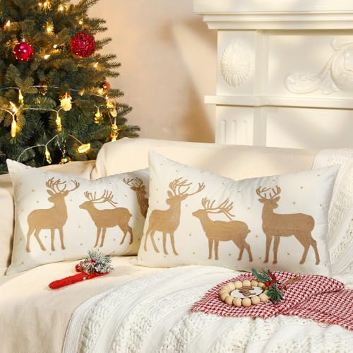 Lewondr Christmas Soft Velvet Throw Pillow Cover, 2 Pack Deers Embroidery Decorative Throw Pillow Case Luxurious Sofa Cushion Cover for Home Christmas Decoration 12x20(30x50cm), Beige