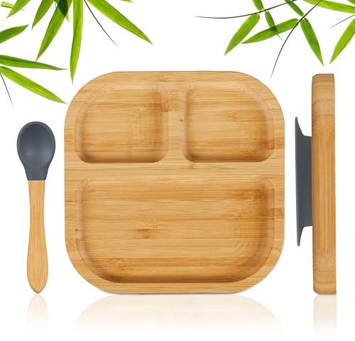 Relaxdays Assiette Bambou Enfant, avec Ventouse, sans BPA, antidérapante, compartimentée, Nature/Gris