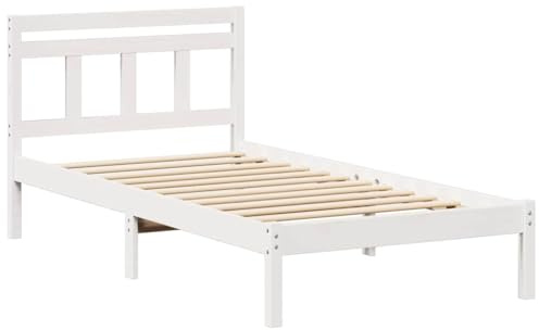 vidaXL Estructura de Cama Blanca de Madera de Pino sólido 90 x 200 cm. Diseño Elegante, Ahorra Espacio, con Compartimentos Integrados y Soporte Ajustable. No Necesita boxspring. Respaldo Moderno. Mu