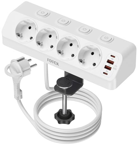 FDTEK Grenuttag med USB-C PD 20W Och 4 Separata Brytare, Grenuttag med Klämma och Platt Stickpropp, 4 Uttag, för Skrivbord Eller Väggmontage, 2 M Kabel, 4000W/16A, Vit