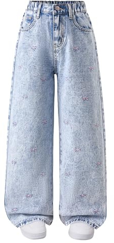Maeau Enfant Fille Jeans Jambes Larges 13 14 Ans Pantalon Denim Jambe Large Pantalons Droit Ample été Jeans Taille Élastique Haute Ado Baggy Jean Evasé Bootcut Pantalones Printemps Papillon Bleu Clair