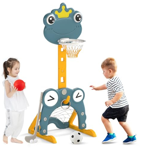 GOPLUS 4 en 1 Panier de Basket Enfant, Réglable en 81-111 CM avec But de Foot, Jeu d'Anneaux, Golf, Panier Basket Bebe avec Base Remplissable pour Garçons/Filles 3+ Ans (Grenouille Vert)