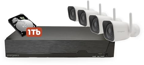 Energeeks - Grabador NVR - 4 Cámaras de Exterior Incluidas - 16 Canales - Disco Duro 1TB - Grabación 24/7 - Conexión RJ45 - Solo Compatibles con Cámaras de Seguridad con Protocolos ONVIF
