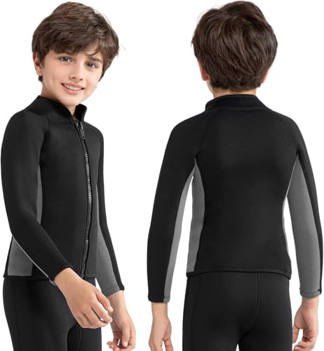 Intbost Kids Neoprene Wetsuit Top Long Sleeve 3mm Wet Suit Jacket Front Zip Warm Quick Dry for Child Swimming Pool Beach Snorkelling & Surfing Tween Boys Age 12-14 Years