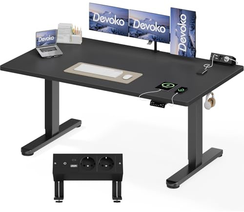 Devoko Höhenverstellbarer Schreibtisch 160x80cm, Dualmotor Elektrischer Stehschreibtisch mit 25mm Einteiliger Tischplatte, Touchscreen Steuerung, Computertisch mit Kabelmanagement & Steckdose