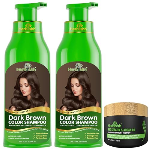 Herbishh Ultimate Haarfärbeshampoo Kit (2 Stück + Argan Haarmaske) für Graues Haar - Permanente Färbung für Männer und Frauen - Langanhaltend (Dunkelbraun)