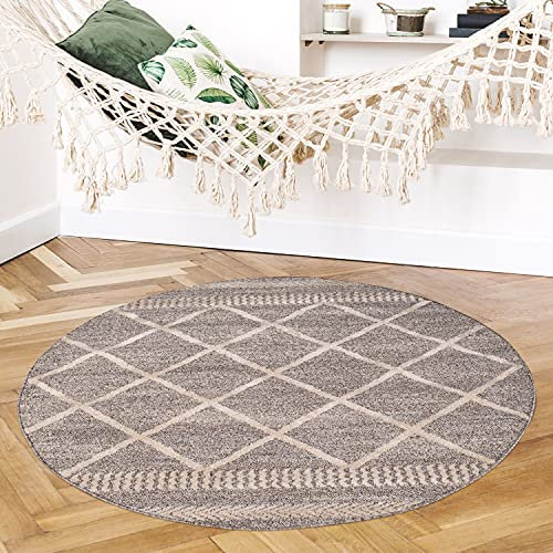 payé Teppich Rund - Wohnzimmer Kurzflor - Braun Creme- 200x200cm - Modern Rautenmuster Deko Boho Stil Schlafzimmer Flur Dekoration - Skandinavische Teppiche