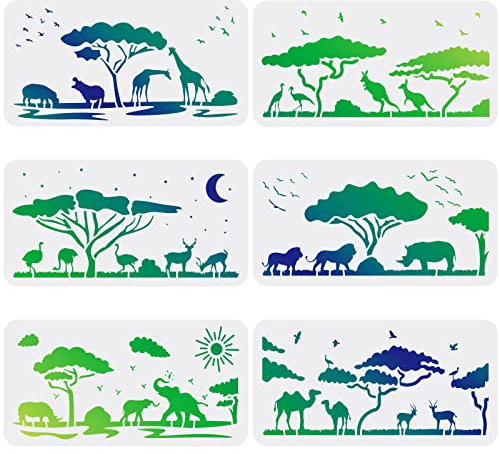 FINGERINSPIRE 6 Stück Tierschablonen Schablonen 15x30cm Wildtiere Zeichnung Malschablonen Löwe Giraffe Elefant Nashorn Muster Wiederverwendbare Schablonen zum Malen auf Holz, Boden, Wand und Fliesen