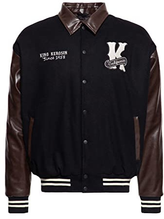 King Kerosin Chaqueta universitaria para hombre | sudadera | chaqueta de béisbol | bordado de contraste regular | mangas de cuero | cuello de cuero faraón, Negro , S