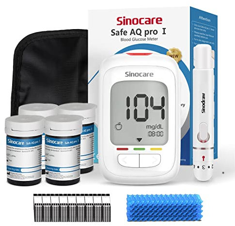 Sinocare Misuratore Glicemia, Glucometro con 100 Strisce Glicemia e 100 Lancette, Elettrodo d'argento più Preciso, Risultati in mg/dL