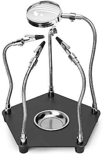 WIWJ Dritte Hand Löten,Magnetische helfende Hand,Modellbau Zubehör,Löt-Leiterplattenhalter-Werkzeug mit 3X Lupe,Grundplatte aus Metall,Vier Arme Helfer Bastelt Schmuck Hobby-Werkstatt