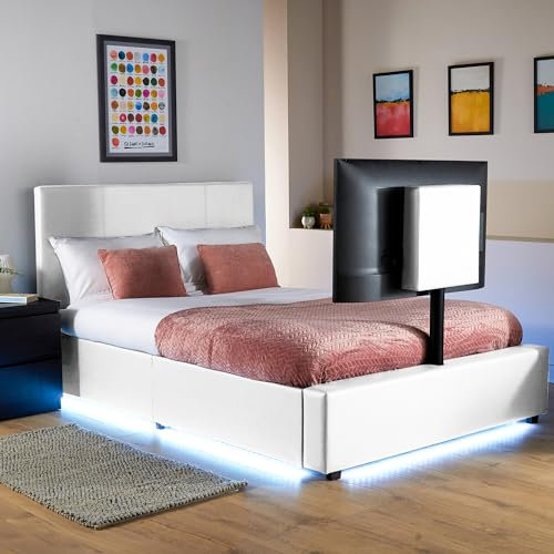 X-Rocker AVA Leather TV Bed with Rotating TV Mount 55, Storage and Cable Management, Ambient Underbed RGB LED Lighting Small Double 4ft Sleeper Bedstead, Upholstered Leather Frame XR LIVING - WHITE