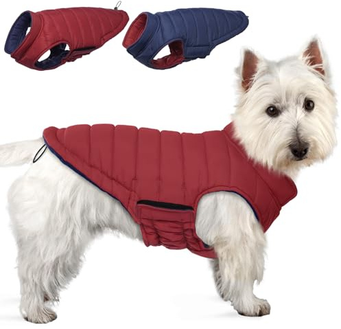 Lelepet Reversible Dog Winter Coat, Warm Waterproof Jacket for Small Dogs, Puppy Winter Puffer Jacket, Windproof Dog Vest, Easy on/Off, Wine Red S