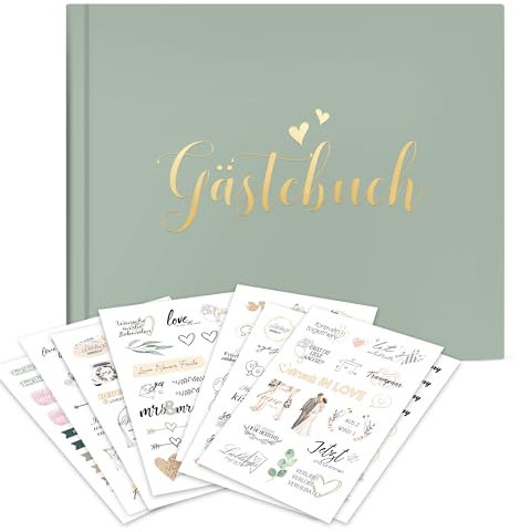 Hyggartn Gästebuch Hochzeit, Sticker Hochzeit Gästebuch, 100 Seiten Hochzeitsgästebuch, Hochzeitsalbum für Erinnerungen, Grün Gästebuch Leer, 155 Sticker Hochzeit in Deutsch und Englisch, 19 x 24 cm