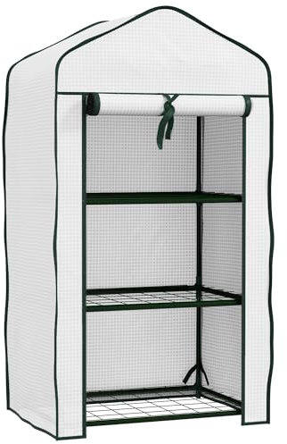 Outsunny 3 Tier Mini Greenhouse with Reinforced PE Cover, Portable Indoor Outdoor Greenhouse with Roll-up Door and Wire Shelves, 127H x 59W x 39D cm, White
