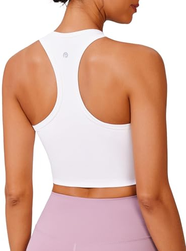 PINSPARK Sportbehå för kvinnor utan bygel, racerback, push-up, sportbehå med avtagbar, vadderad, andas, jogging, yoga, fitness, bh, sömlösa crop tanktoppar, Vit, M