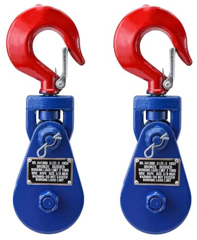 BOOMSTART Lot de 2 poulies de 2 tonnes avec crochet pivotant, poulies lourdes avec crochet de sécurité pour câble métallique, treuil, manille, corde de 9 mm, en acier