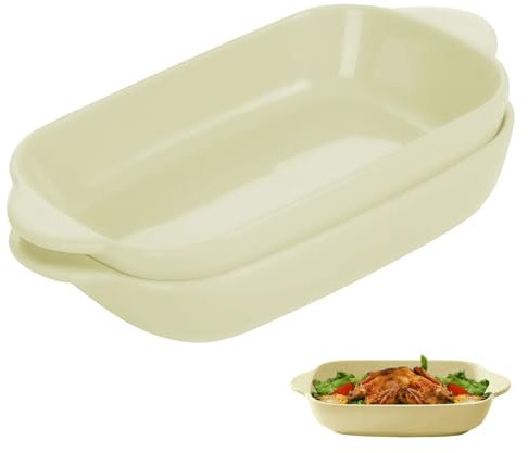 Fuente de cerámica para horno (2 unidades, forma de lasaña, rectangulares, 22,2 x 13,5 x 4,5 cm, esmaltada de colores, para lasaña, hornear, comida gourmet, resistente al calor (amarillo claro)