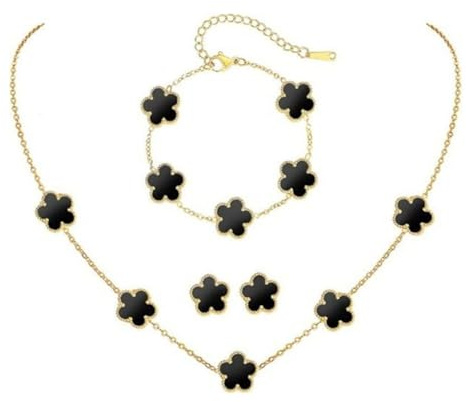 XFSRG Ensemble de Bijoux TrèFle à Quatre Feuilles pour Femme Fille Braceiet, Boucles d'Oreilles,Collier DéLicat Acier inoxydable Parure pour Cadeau d'Anniversaire Mariage?Noir?