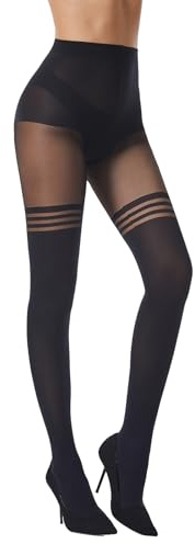 Viyongan Faux Thigh High Pantyhose for Women Goth Mock Patterened Over The Knee Tights Womens Sexy Black Stockings 1 Pairs(Three Lines)