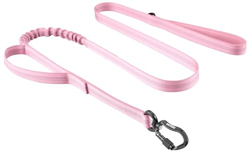 OneTigris Laisse Tactique, 138-152 cm Robuste Anti Traction avec 2 poignées rembourrées, Bungee Laisse de Chien réfléchissante Course à Pied Jogging et Randonnée, Super léger 130g, (Rose)