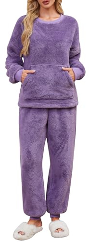 UMIPUBO Pigiama Donna Invernale Felpato Pigiami in Pile Caldo Set Due Pezzi Tuta Termico Invernali Completo da Casa Top a Maniche Lunghe e Pantaloni Lounge Morbido Sleepwear con Tasche (Viola, XXL)