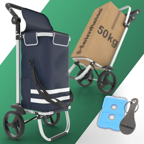 Heimfleiss® Chariot de Courses Pliable 56L | Caddie de Courses Pliant avec 50kg de Charge Utile | Sac de Courses Léger à roulettes | Chariot de Shopping XL avec Compartiment Isotherme | Bleu
