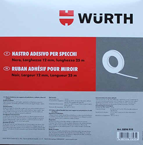 WÜRTH Spiegelklebeband | Breite 12mm / Länge 25m | Befestigen von Spiegeln, Fenstersprossen, Spendergeräten, Haken, Sanitärbereich | doppelseitiges Klebeband schwarz Polyethylenträger & Acrylatkleber