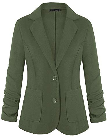 Unifizz Womens Casual Work Office Blazer Pockets Buttons Suit Jacket 3/4 Sleeve, Army Green, Medium