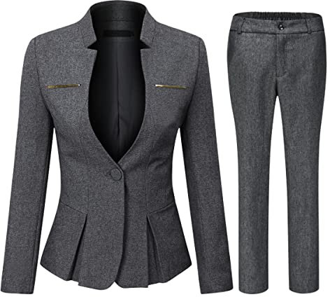 YYNUDA Anzug Set Damen Blazer mit Rock/Hose Slim Fit Hosenanzug Elegant Business Outfit für Office Dunkelgrau+Hose L