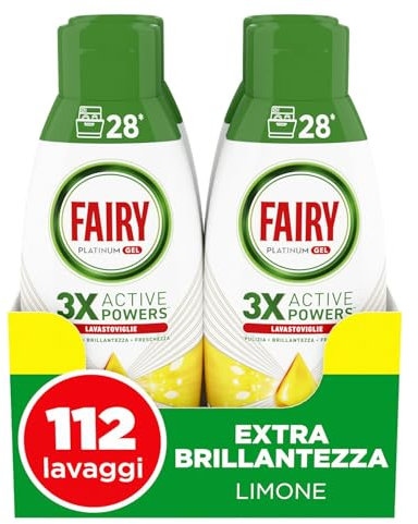 Fairy Platinum Detersivo Lavastoviglie Gel Liquido,112 Lavaggi, Confezione da 4 Bottiglie, Platinum Limone, Dona Extra Brillantezza Alla Lavastoviglie, Combina Pulizia Brillantezza E Freschezza