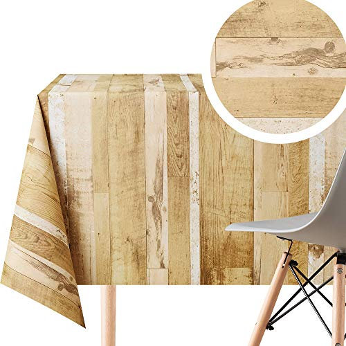 KP HOME Abwischbare PVC-Tischdecke, rechteckig, 200 x 140 cm, abwischbare Tischdecke für bis zu 6 Sitze, wasserdichtes Vinyl-Wachstuch mit Holzdielen-Effekt, rustikaler Farbton Beige bis Goldbraun