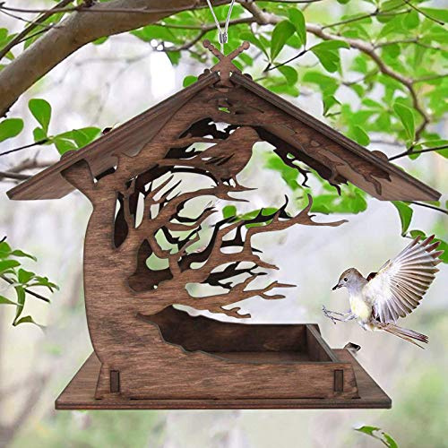 Mangeoire à Oiseaux Exterieur en Bois - Mangeoire à Oiseaux Sauvages Distributeur Suspendu DIY Assemblé à la Main Distributeur de Graines en Bois à Oiseaux pour Jardin Cour Villa Balcon (Bois)